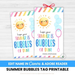 May include: Two printable summer tags with a smiling sun, bubbles, and the text "Hope your summer is bubbles of fun!". One tag has a red bow. The bottom banner reads "Summer Bubbles Tag Printable".