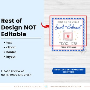 Editable Thank You Being Scentsational Teacher Candle Tag, Scent-sational Teacher Candle Tag, Thank You Teacher PTO PTA End Of Year Gift Tag image 3
