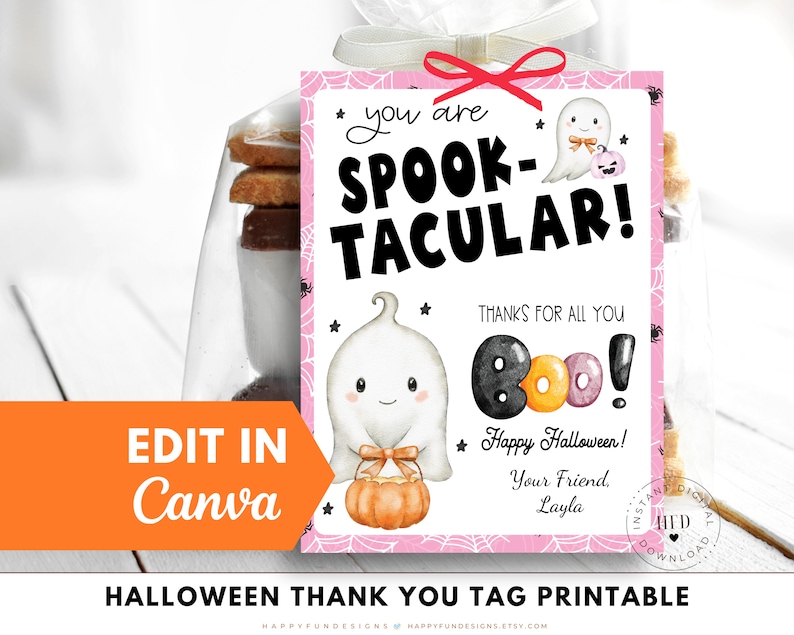 K&ouml;nnte beinhalten: Druckbarer Halloween-Dankesch&ouml;n-Anh&auml;nger mit rosa Hintergrund und einem Geist, der einen K&uuml;rbis h&auml;lt. Der Text lautet "You are Spook-tacular! Thanks for all you Boo! Happy Halloween! Your Friend, Layla."