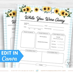 Substitute Teacher Note Template Editable, While You Were Away, Substitute Resource Note Feedback Form, Substitute Teacher Resource Binder