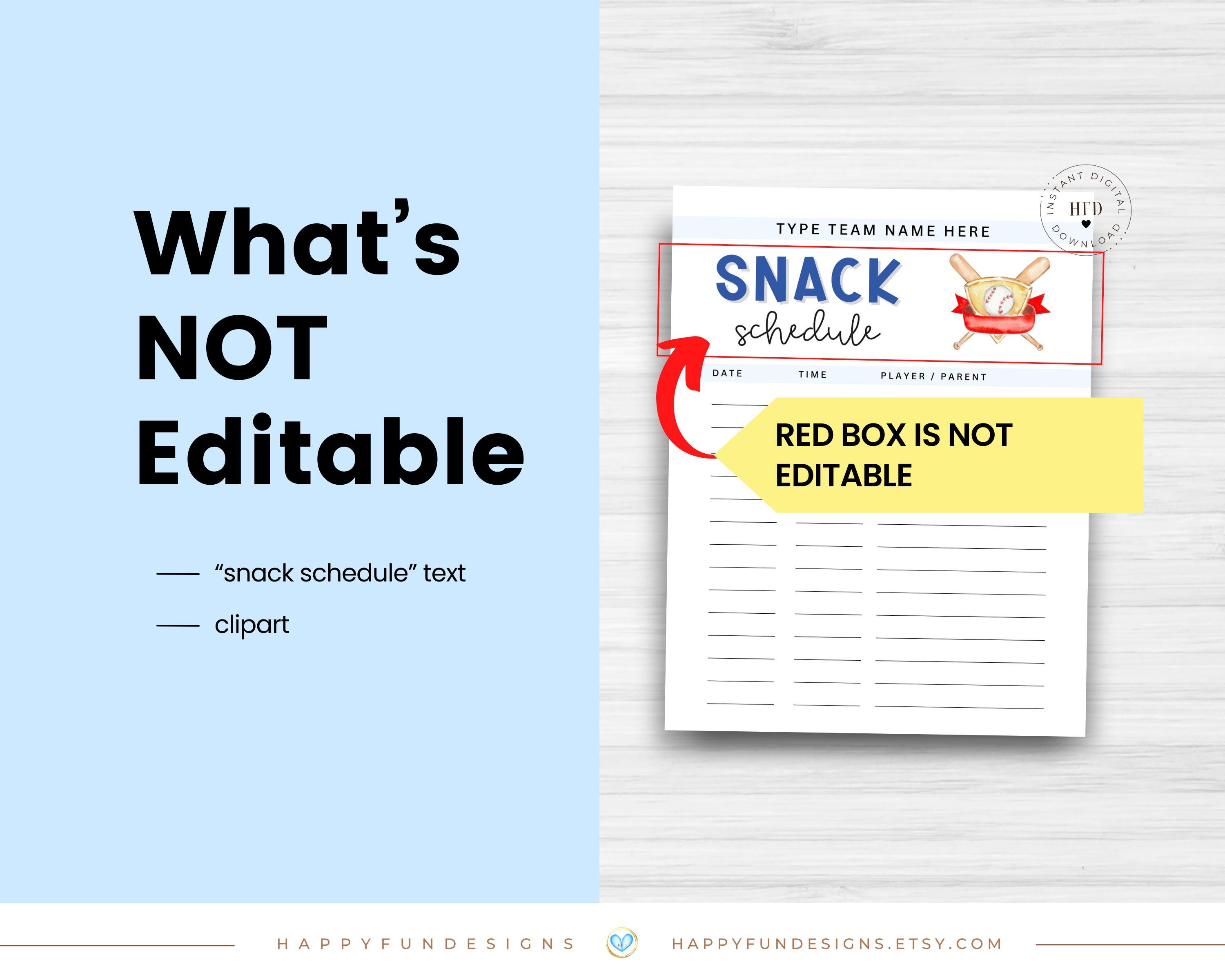 Editable Baseball Snack Schedule Printable, Baseball Concession Snack ...