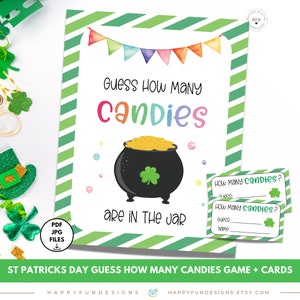 Giorno di San Patrizio Indovina quante caramelle ci sono nel barattolo gioco stampabile, gioco di indovinelli barattolo, gioco facile di San Patrizio, gioco verde in aula di San Patrizio