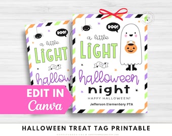 Editable A Little Light For Halloween Night Tag Printable Halloween Glow Stick Holder Kinder PreK Halloween Class Party Non Candy Toy Favor