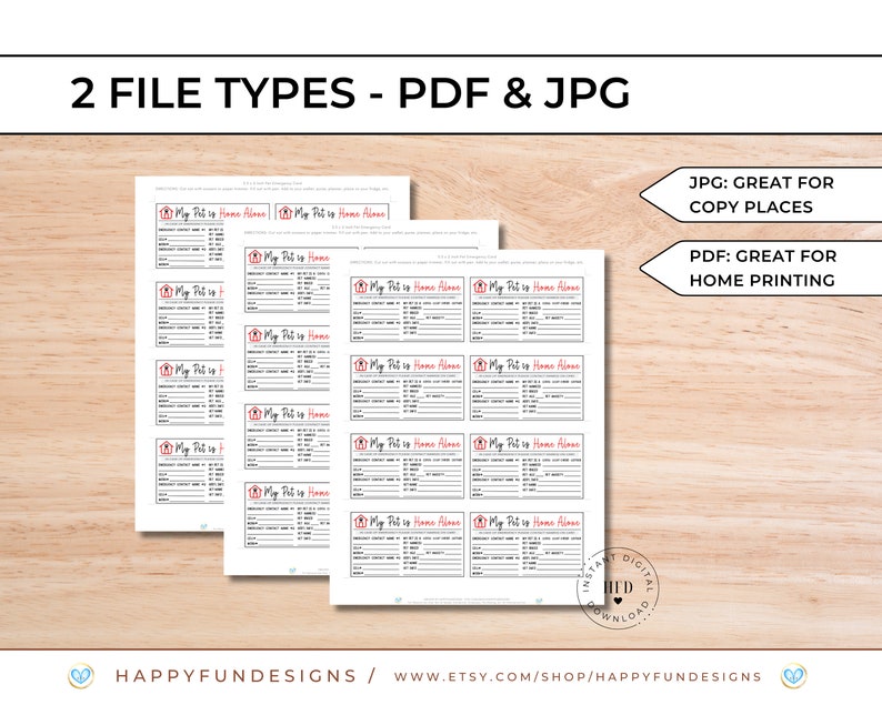 May include: Printable "My Pet is Home Alone" checklist cards. The cards are in black and white with red accents. The cards are designed for home printing and copying. The text "JPG: GREAT FOR COPY PLACES" and "PDF: GREAT FOR HOME PRINTING" is displayed on the right side of the image.