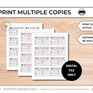 May include: Printable pet emergency cards. The cards are black and white with red text. The cards are designed to be printed at actual size. The text on the cards reads "Pet Emergency Card".