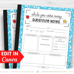 Substitute Teacher Note Template Editable, While You Were Away, Substitute Resource Note Feedback Form, Substitute Teacher Resource Binder
