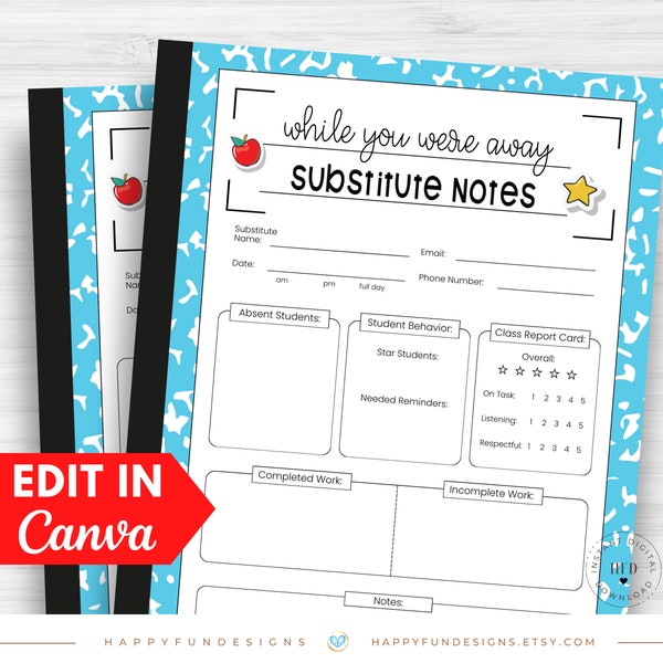 Substitute Teacher Note Template Editable, While You Were Away, Substitute Resource Note Feedback Form, Substitute Teacher Resource Binder