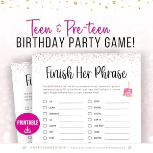 Finish The Phrase Game, 13th Birthday Game, Teen Girl Birthday Game Printable, Pink Slumber Party, Tween Birthday Party Idea, Teen Sleepover