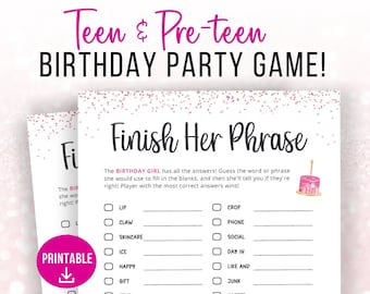 Finish The Phrase Game, 13th Birthday Game, Teen Girl Birthday Game Printable, Pink Slumber Party, Tween Birthday Party Idea, Teen Sleepover