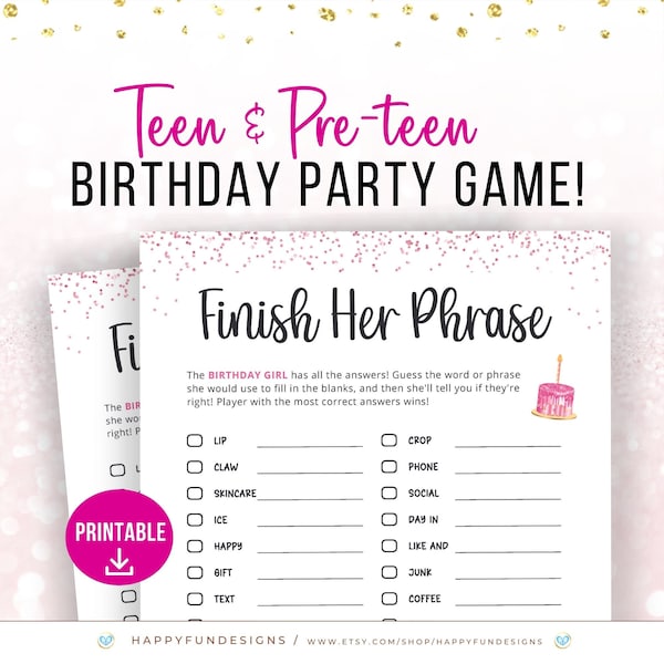 Finish The Phrase Game, 13th Birthday Game, Teen Girl Birthday Game Printable, Pink Slumber Party, Tween Birthday Party Idea, Teen Sleepover