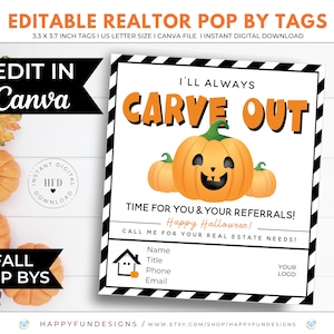Halloween Realtor Gift, Carve Out Time for Referrals, Pumpkin Pop By Tag Printable, Realtor Fall Marketing, Editable Real Estate Template