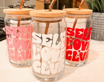 Self Love Club Can Glass,  Personalized Gift, 16 oz Can Glass, Gift for Her, Holiday Gift, Ice Coffee Drink, Mental Health Awareness