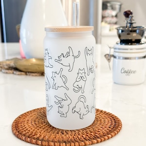 Cat and Yoga Frosted Can Glass,  Funny Iced Coffee Glass, Cat Yoga Gifts, Animal Lovers Gifts, Birthday Gifts, Cat lovers gift, Cat Yoga Cup