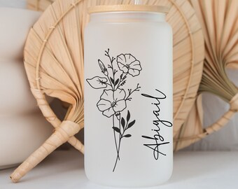 Personalized Name Birth Flower Glass Tumbler, Birth Month, Custom Name Can Glass, Birthday Gift, Coffee Cup with Name, Bridesmaid Proposal