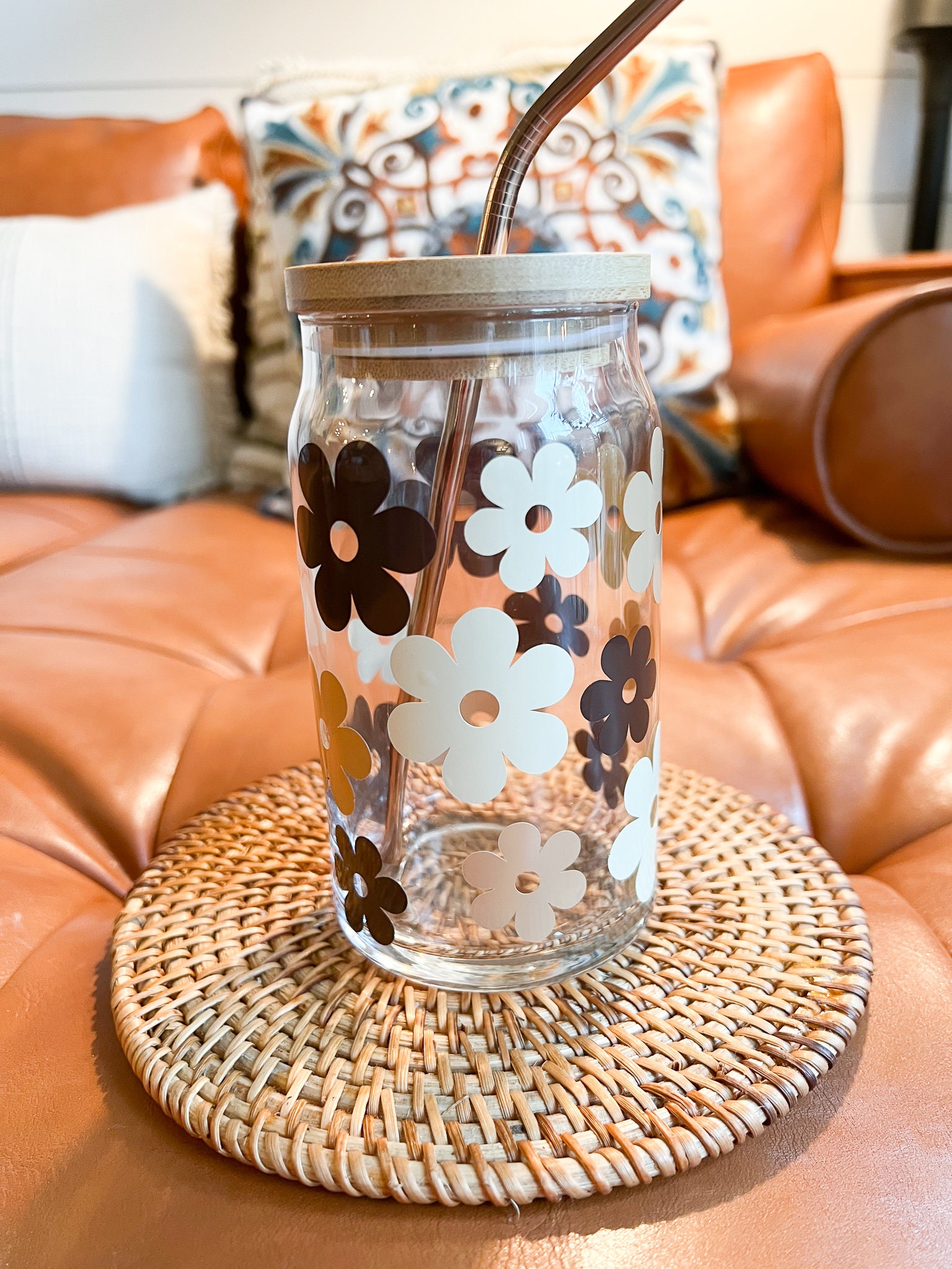 Boho Glass Coffee Cup, Boho Style Glass Iced Coffee Cup with Bamboo Li –  Papelillo Art Design