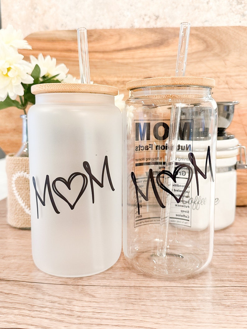 Mom Nutrition Fun Facts Iced Coffee Cup, Mommy Gift, Reusable Can Glass, w/Lid & Straw, Mother's Day Gift, 16 oz Frosted or Clear Glass Cup image 6