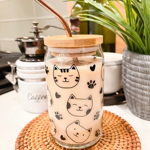 Tasse à café pour amoureux des chats, cadeau pour animal de compagnie, tête de chat, verre à café glacé, canette de 16 oz en verre, cadeau personnalisé, fourrure pour bébé, cadeau pour maman chat, cadeau pour elle