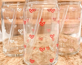 Mini Hearts Cup, Hearts Glass, Iced Coffee Drink, Boho Glass, Beer Can Glass, Trending Glass, 16 oz Cup, Lid & Straw, Valentine Glass Cup