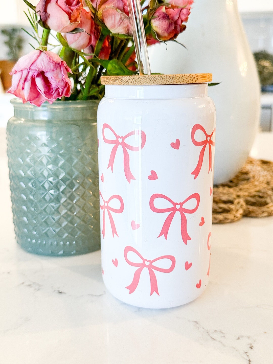 Coquette Pink Bows Can Glass, 16 Oz White Can Glass, Lid & Glass Straw ...