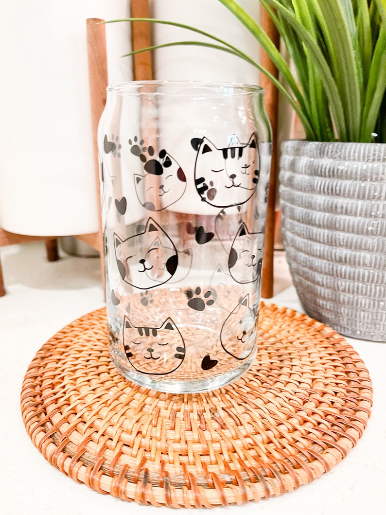 Cat Lover Coffee Cup, Pet Gift, Cat Face Design, Ice Coffee Glass, 16 oz Can Glass, Personalized Gift, Fur Baby, Cat Mom Gift, Gift for Her image 4