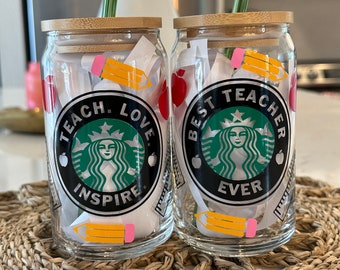 Starbucks Best Teacher Coffee Cup, Teach Love Inspire, Ice Coffee Drink, Personalized Gift, Teacher Appreciation, 16 oz Glass, School Gift