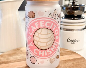 Cafecito Y Chisme Iced Coffee Cup, Iced Coffee Drink, Frosted Glass Tumbler, Mexican Cafe Gift, Conchas, 16 oz Tumbler, with Lid & Straw