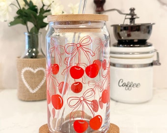 Red Cherries Glass Cup, Valentine’s day Gifts, Trendy Coquette Cup, Iced Coffee Glass, 16 oz Tumbler, Cherries and Bows Cup w/ Lid & Straw