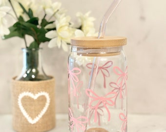 Pink Bows Glass Cup, Trendy Coquette Cup, Iced Coffee Glass, 16 oz Tumbler, Pink Aesthetic, Pink Bow Cup, Pink Straw, Girly Things