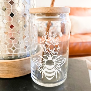 Bee Coffee Cup, Bumble Bee Drinkware, Ice Coffee Drink, Bee & Flowers Glass Mug, Personalized Gift, Honey Bee Design, 16 oz Can Glass