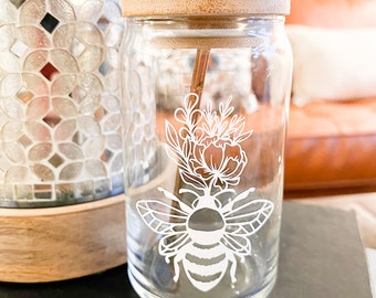 Bee Coffee Cup, Bumble Bee Drinkware, Ice Coffee Drink, Bee & Flowers Glass Mug, Personalized Gift, Honey Bee Design, 16 oz Can Glass