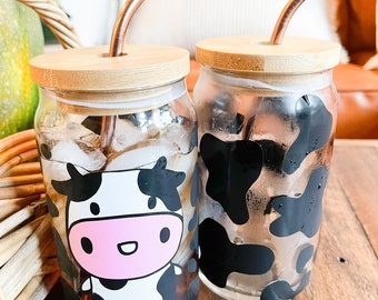 Cow Print Glass Can, Gift for Her, Personalized gift, 16 oz Can Glass, Barnyard Cow Design, Personalized Gift idea, Glass Tumbler