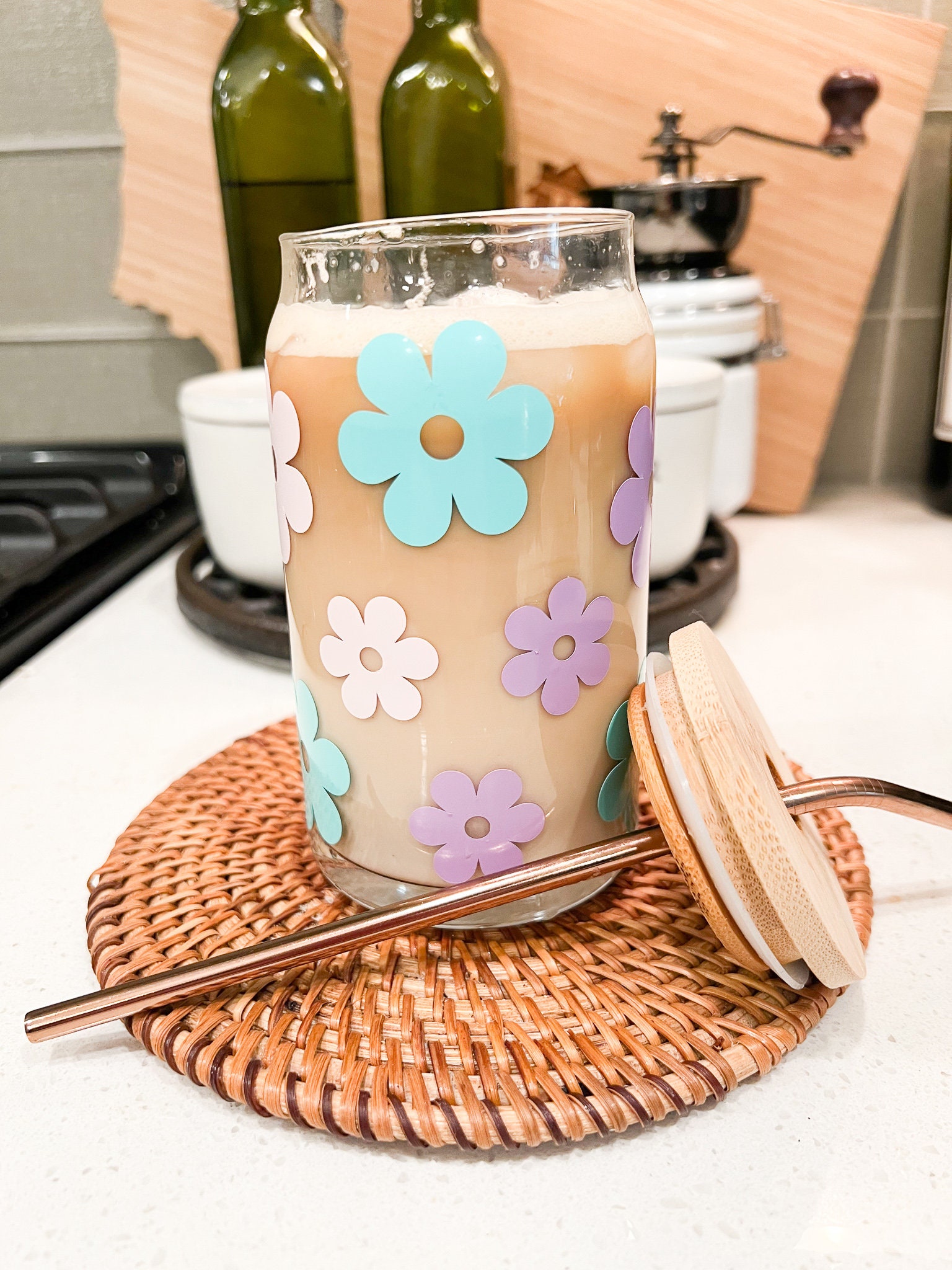 Cute Flower Daisy Straw with Scale Water Bottle Drinking Bottles Glass  Bottle Milk Juice Cup FROSTED C