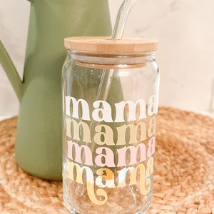 Mama Glass Can, Bamboo Lid & Straw, Reusable Coffee Can Glass, Beer Glass Cup, Friend gift, Mother&#39;s Day Gift, Mama Can Glass, Gift for Her