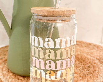 Mama Glass Can, Bamboo Lid & Straw, Reusable Coffee Can Glass, Beer Glass Cup, Friend gift, Mother's Day Gift, Mama Can Glass, Gift for Her