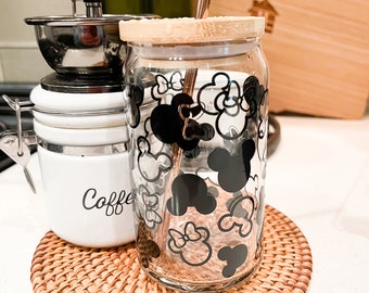 Disney Iced Coffee Cup, Gift for Her, Mickey Design, Personalized Gift, Minnie Mouse, 16 oz Can Glass, Mickey & Minnie Glass Tumbler