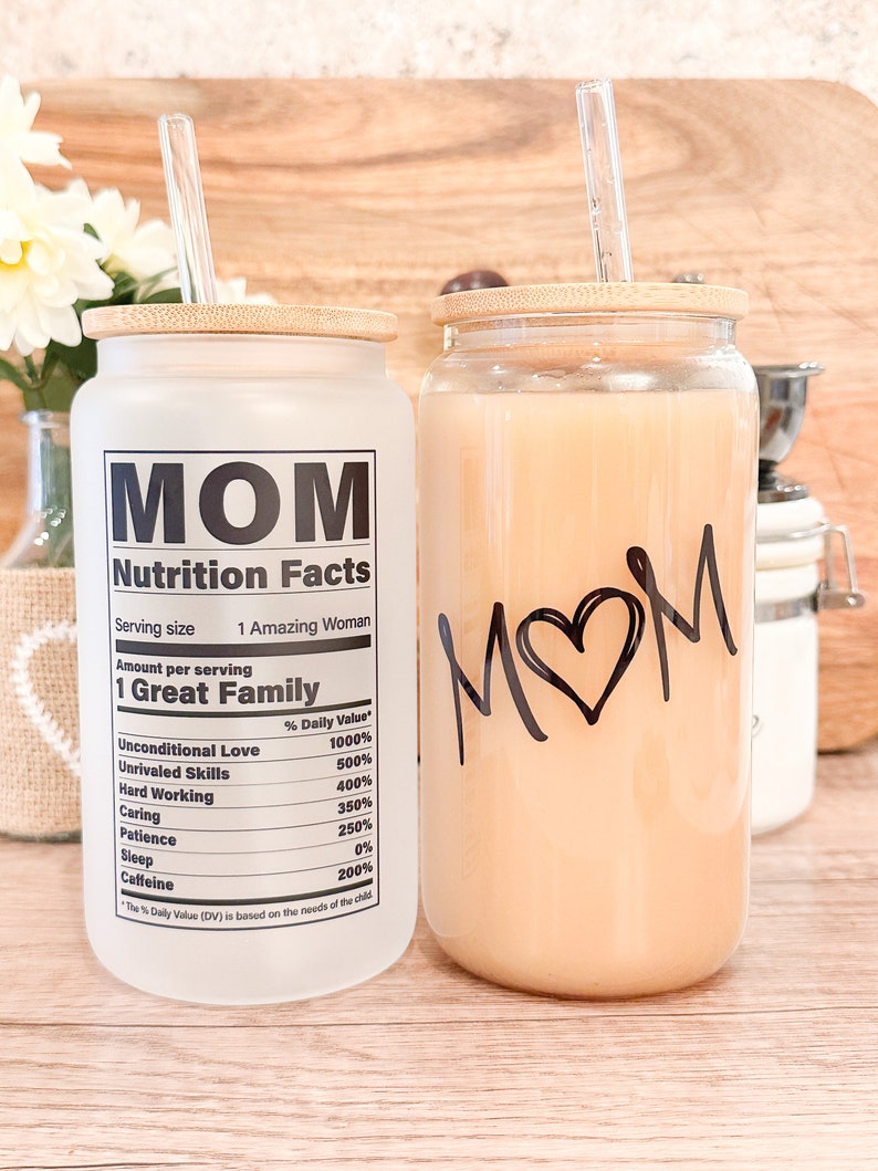 Mom Nutrition Fun Facts Iced Coffee Cup, Mommy Gift, Reusable Can Glass, w/Lid & Straw, Mother's Day Gift, 16 oz Frosted or Clear Glass Cup image 5