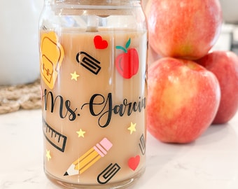 Teacher Glass Coffee Cup, Teacher Gift, Ice Coffee Drink, Personalized Gift with Name, Teacher Appreciation Gift, 16 oz Glass, School Gift