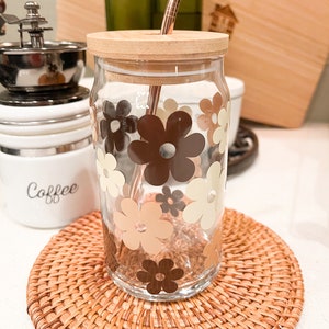 Daisy Cup Iced Coffee Cup Glass - Retro Flower Glass Jar - Daisy Coffee Glass Cup 16 oz