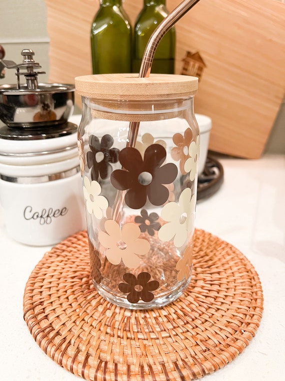 Daisy Cup Iced Coffee Cup Glass Retro Flower Glass Jar Daisy Coffee Glass  Cup Boho Beer Glass Jar Iced Coffee Glass 