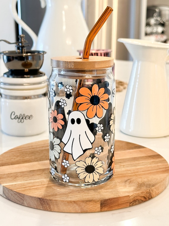 Creepy Cute 16oz Glass Iced Coffee Cup with Lid and Straw, Fall Tumble