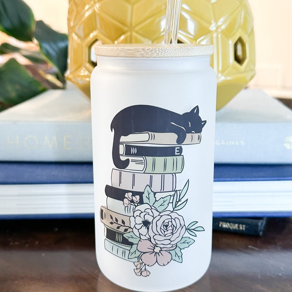 Cat and Books Can Glass, Iced Coffee, Cat Lover Coffee Glass, Soda Can Glass, Beer Can Glass, Boho Can Glass Gifts, 16 oz Frosted Glass