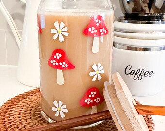 Mushroom Beer Can Glass, Iced Coffee Cup, 16 oz Can Glass, Personalized Gift, Mushroom Gifts, Daisy Coffee Glass, Gift for Friend,Retro Vibe