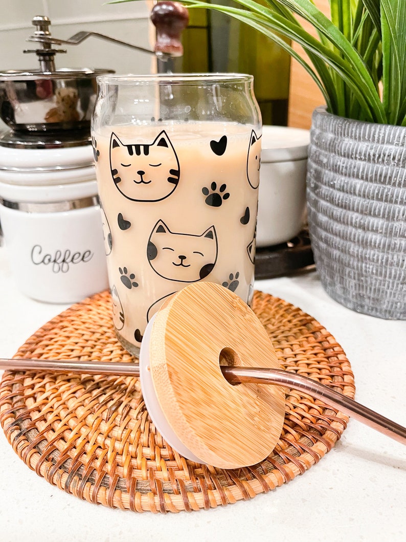 Cat Lover Coffee Cup, Pet Gift, Cat Face Design, Ice Coffee Glass, 16 oz Can Glass, Personalized Gift, Fur Baby, Cat Mom Gift, Gift for Her image 3