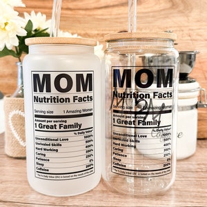 Mom Nutrition Fun Facts Iced Coffee Cup, Mommy Gift, Reusable Can Glass, w/Lid & Straw, Mother's Day Gift, 16 oz Frosted or Clear Glass Cup image 7