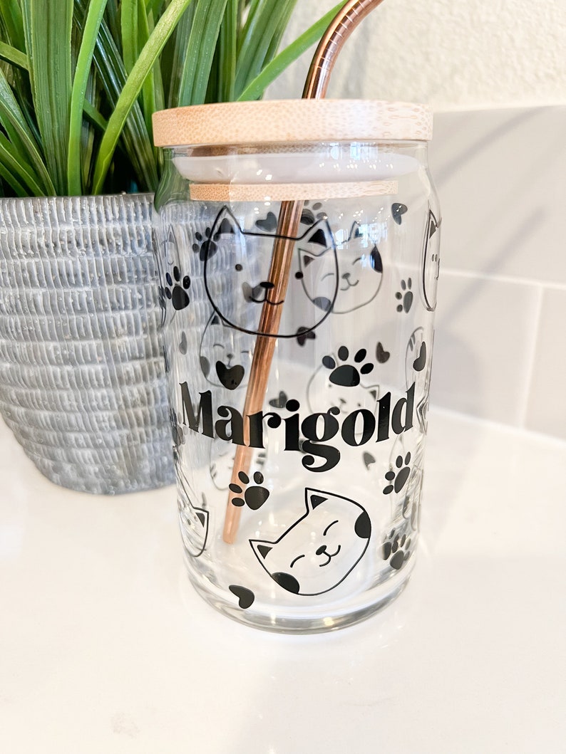 Cat Lover Coffee Cup, Pet Gift, Cat Face Design, Ice Coffee Glass, 16 oz Can Glass, Personalized Gift, Fur Baby, Cat Mom Gift, Gift for Her image 5