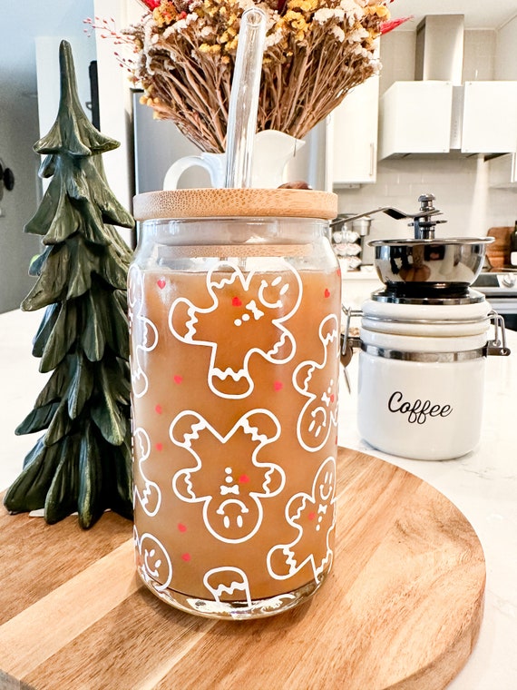 Christmas Gingerbread Man Can Glass Cup, Gingerbread Man Iced Coffee Glass,  Christmas Glass Cup, Holiday Iced Coffee, 16 Oz Libbey Glass Can 