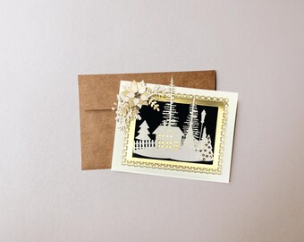 Christmas Card with Snowy Cabin Winter Scene Trees Poinsettia | Handmade Greeting Card with Envelope | Blank Inside for Personalized Message