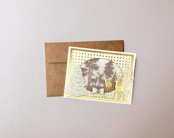 Gold Christmas Card with Snowy Forest Winter Scene Reindeers | Handmade Greeting Card with Envelope | Blank Inside for Personalized Message