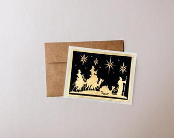 Christmas Card with Starry Night Three Wisemen Nativity Scene | Handmade Greeting Card with Envelope | Blank Inside for Personalized Message