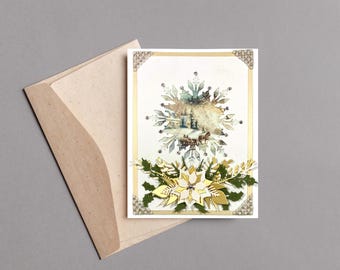 Christmas Card with Snowflake Snowy Winter Scene & Poinsettia | Handmade Greeting Card with Envelope | Blank Inside for Personalized Message